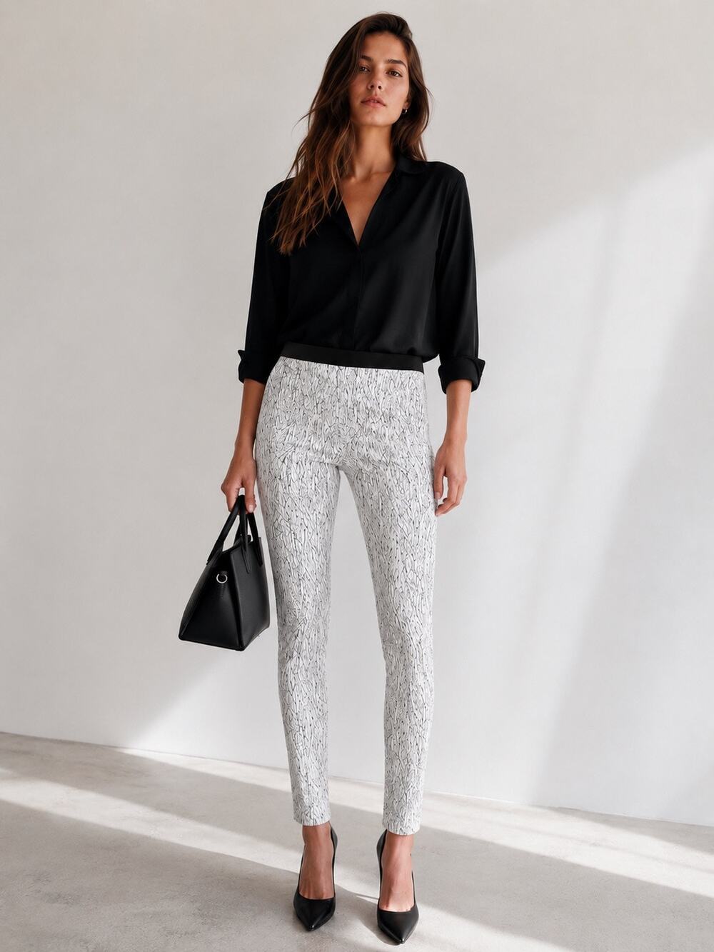 Helmut Lang Abstract Crackle Print Pull-On Slim Pants 26 Black White Designer
